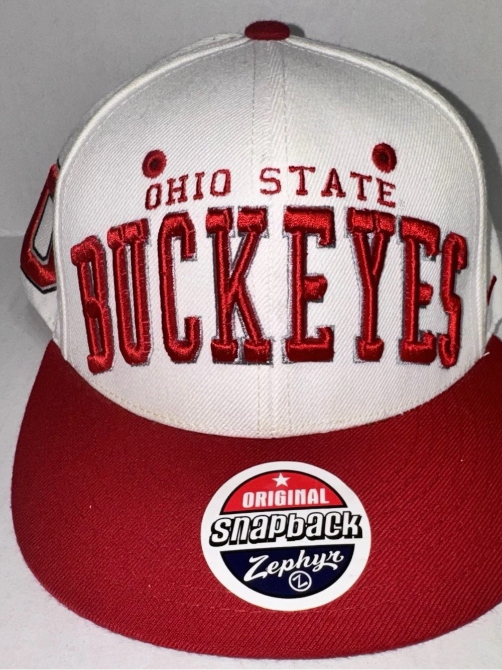 Vtg Ohio State Buckeyes Zephyr Original Snapback Hat Cap White Red NCAA Spellout